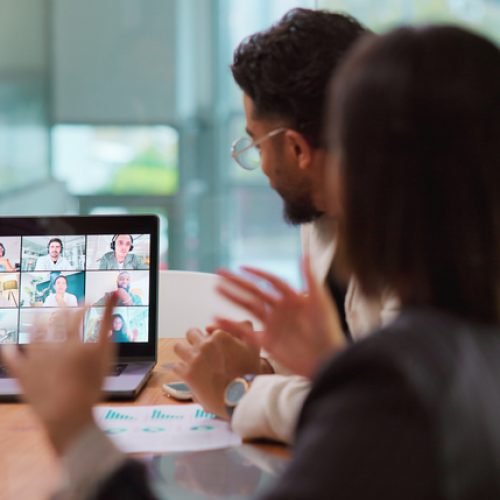 Conversation, laptop screen and video call with business people in boardroom for online planning. Communication, computer and virtual meeting with employee team in office for development webinar