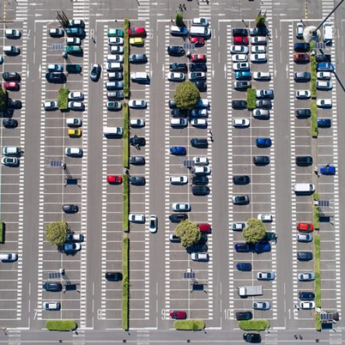 High angle view of a car park in Atlantis shopping mall, Saint Herblain, France
