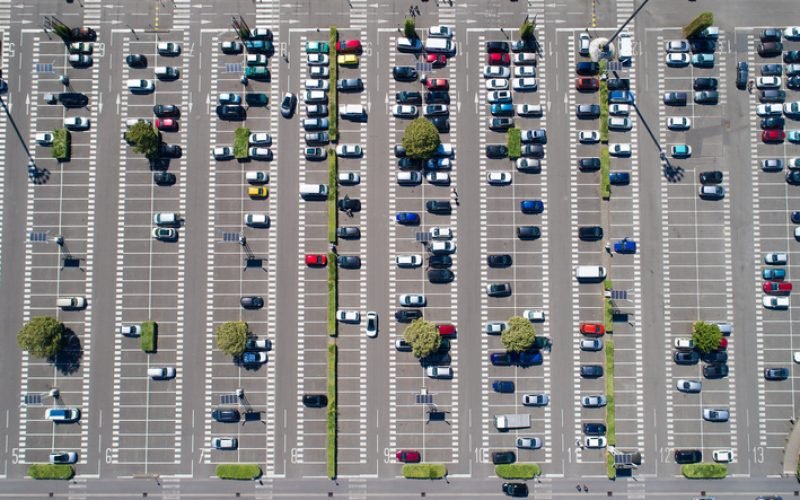 High angle view of a car park in Atlantis shopping mall, Saint Herblain, France