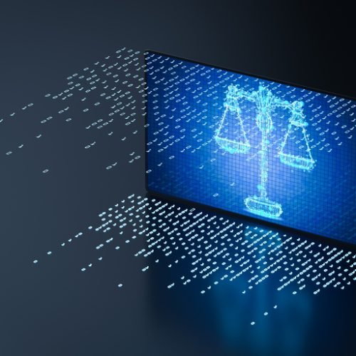 Cyber law concept with 3d rendering digital screen display scale law