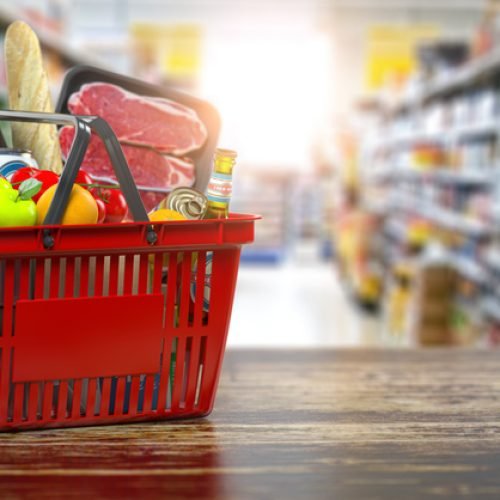 Shopping basket with fresh food. Grocery supermarket, food and eats online buying and delivery concept. 3d illustration