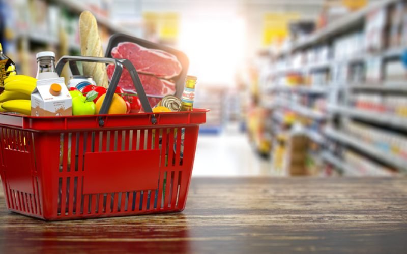 Shopping basket with fresh food. Grocery supermarket, food and eats online buying and delivery concept. 3d illustration