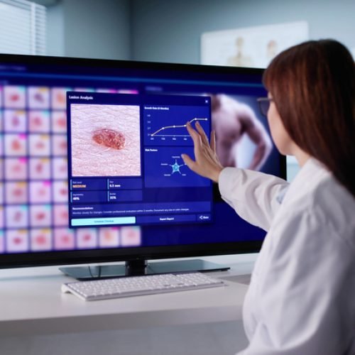 Female Dermatologist Diagnosing Skin Cancer Using Modern Equipment In Clinic.