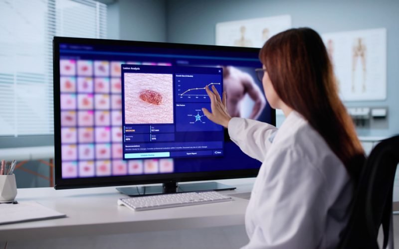 Female Dermatologist Diagnosing Skin Cancer Using Modern Equipment In Clinic.